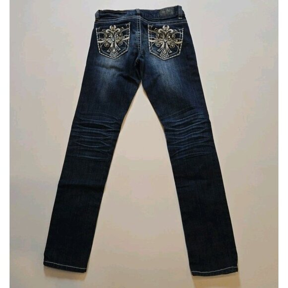 ZCO Womens Embellished Dark Denim Jeans 3 Rhinestone 26 X 30 Stretchy Straight - Picture 8 of 8